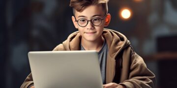 Kid using laptops